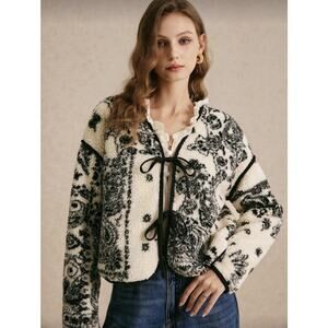 Cozy Floral Sherpa Teddy Jacket with Ribbon Tie Front